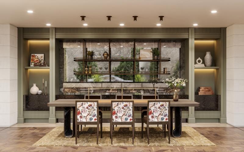 a room with a table and chairs